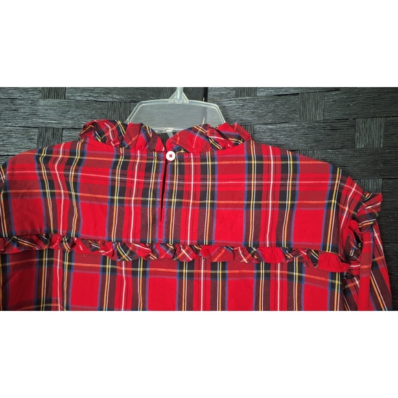 J. Crew | Women's Red Tartan Plaid Ruffle Neck Blouson Sleeve Top - Picture 11 of 16